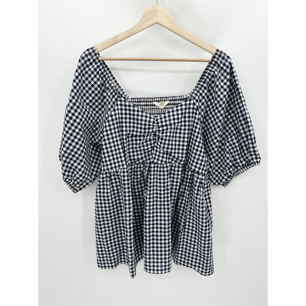Terra & Sky Women 0X Navy White Gingham Sweetheart Peplum Top TS23100073248Y